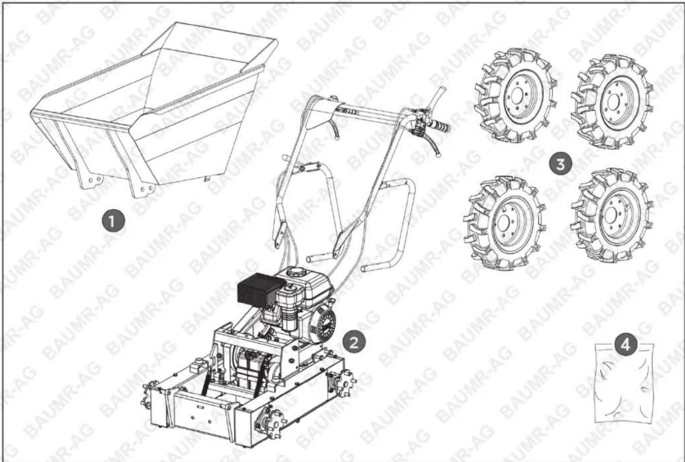 Technical diagram of a moving harvester with labeled parts and exploded view views