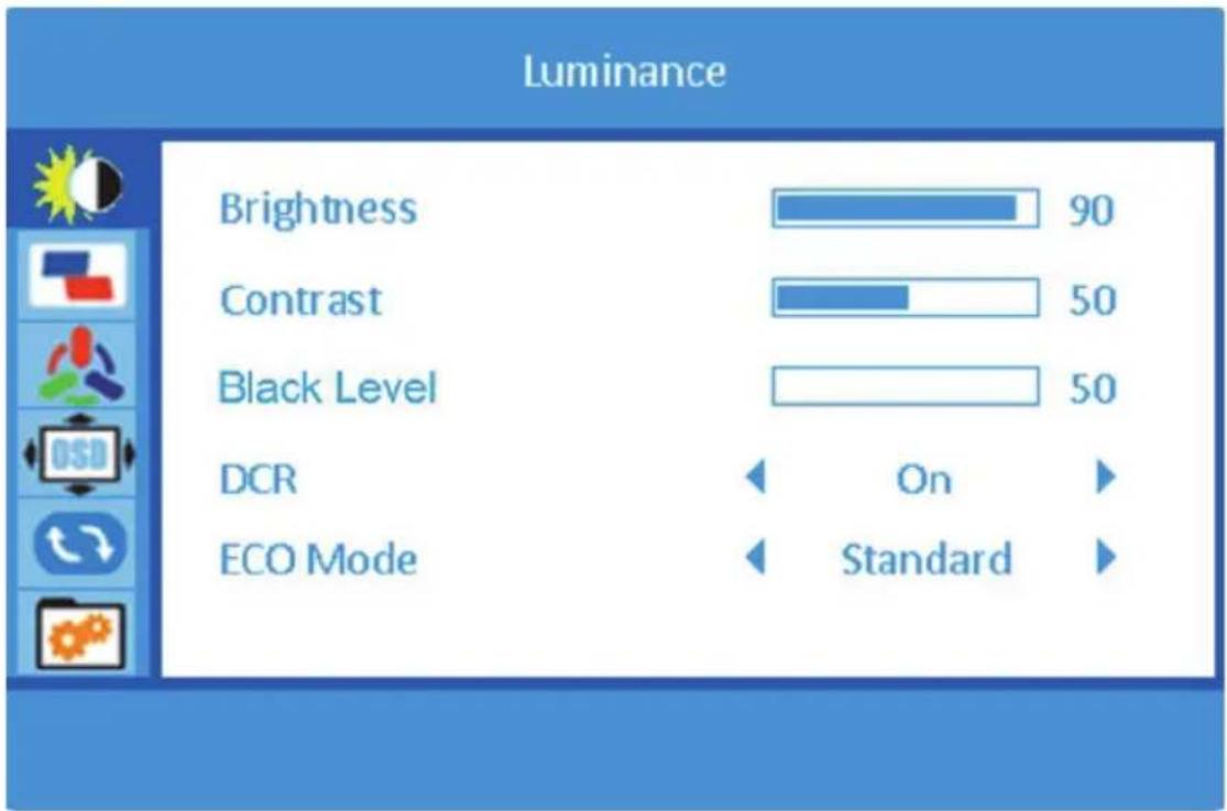 Luminance Brightness 90 Contrast 50 Black Level 50 DCR On ECO Mode Standard