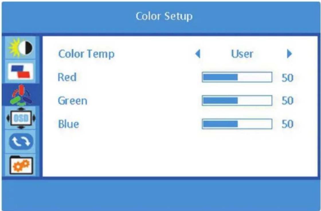 Color Setup Color Temp User Red 50 Green 50 Blue 50