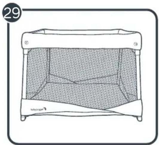 Line drawing of a baby crib with mesh pattern and seat, no text or symbols present