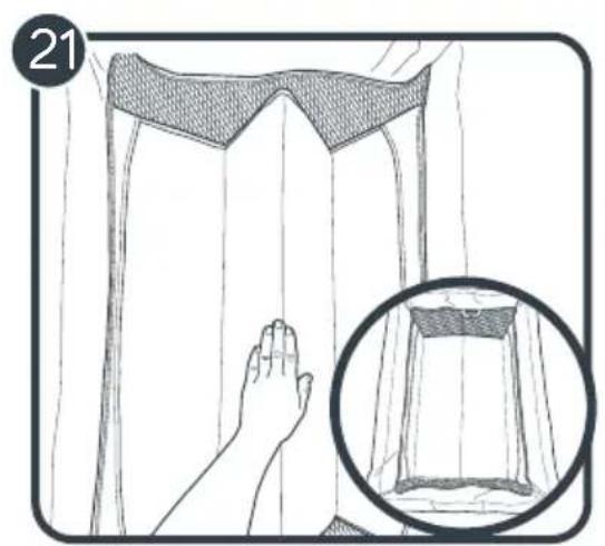 Illustration of a hand touching fabric with a magnified inset showing a small rectangular object (no text or symbols)