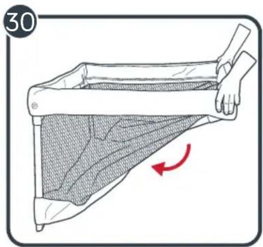 Illustration of a person handling a folded garment with a red arrow indicating rotation (no text or symbols)