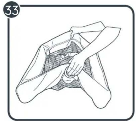 Illustration of hands fastening a garment with a belt, no text or symbols present