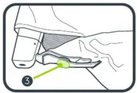 Illustration of a hand holding a small mechanical component, with a numbered label (3) pointing to a green arrow on the part.