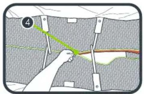 Diagram showing a hand holding a cable with a green diagonal line and a brown horizontal line, labeled with number 4.