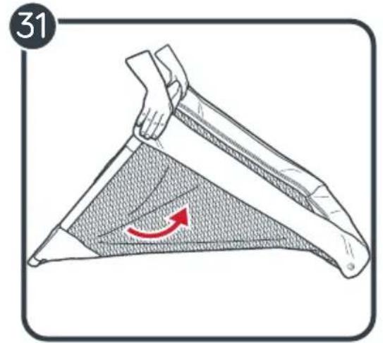 Illustration of a hand holding a triangular net with a red arrow indicating rotation (no text or symbols)