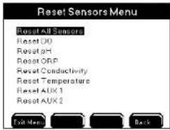 Reset Sensors Menu Reset All Sensors Reset DO Reset pH Reset ORP Reset Conductivity Reset Temperature Reset AUX 1 Reset AUX 2 Exit Menu Back