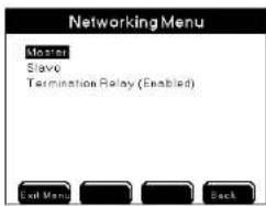 NetworkingMenu Master Slave Termination Relay (Enabled) Exit Menu Back