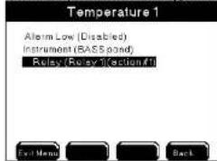 Temperature 1 Alarm Low (Disabled) Instrument (BASS pond); Rusy (Rusy) (action f1) Exit Menu Back