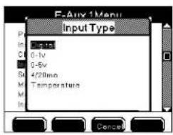 F-Aux 1Menu Input Type Digital 0-1V 0-5V 4/28mo Temperature Cancel