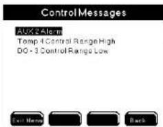 ControlMessages AUX2 Alarm Temp 4 Control Range High DO - 3 Control Range Low Exit Menu Back
