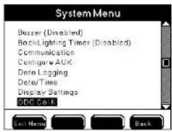 SystemMenu Buzzer (Disabled) BackLighting Timer (Disabled) Communication Configure AUX Data Logging Delete/Time Display Settings ODC Co.1 Exit Menu Back
