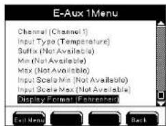 E-Aux 1Menu Channel (Channel 1) Input Type (Temperature) Suffix (Not Available) Min (Not Available) Max (Not Available) Input Scale Min (Not Available) Input Scale Max (Not Available) Display Format (Refreshed) Exit Menu Back