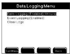 Data Logging Menu Data Logging (Enabled) [Hours] Event Logging (Enabled) Clear Logs Exit Menu Back