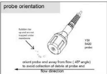 probe orientation Solution the up and are not trapped under membrane YSI 5420 probe orient probe end away from flow (- 45° angle) to avoid collection of debris at probe end flow direction