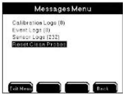 Messages Menu Calibration Logs (8) Event Logs (8) Sensor Logs (232) Reset Clean Pratches Text Menu Back