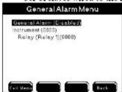 General Alarm Menu General Alarm (Disabled) Instrument (0000) Relay (Relay 1)(0000) Exit Menu Back