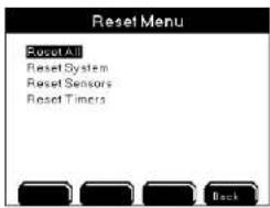 Reset Menu Reset All Reset System Reset Sensors Reset Timers Back
