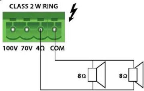 CLASS 2 WIRING 100V 70V 4Ω COM 8Ω 8Ω