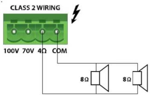 CLASS 2 WIRING 100V 70V 4Ω COM 8Ω 8Ω