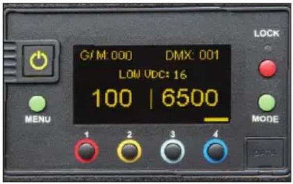 G/M: 000 DMX: 001 LOW VDC: 16 100 | 6500 MENU MODE