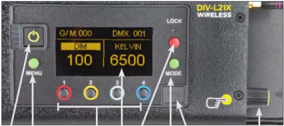 G/M:000 DMX: 001 DIM KELVIN 100 6500 MENU MODE DIV-L21X WIRELESS
