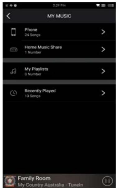 MY MUSIC Phone 24 Songs > Home Music Share 1 Number > My Playlists 0 Number > Recently Played 10 Songs > Family Room My Country Australia - TuneIn