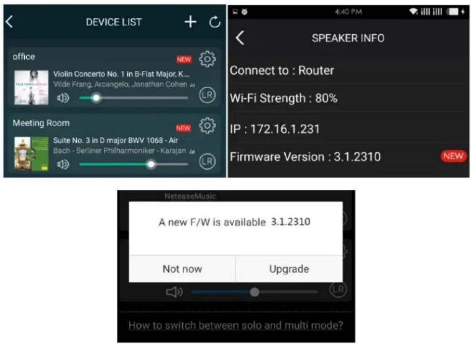 DEVICE LIST OFFICE NEW Violin Concerto No. 1 in B-Flat Major K... Vilde Frang, Arcangelo, Jonathan Cohen Meeting Room Suite No. 3 in D major BWV 1068 - Air Bach - Berliner Philharmoniker - Karajan SPEAKER INFO Connect to : Router Wi-Fi Strength : 80% IP : 172.16.1.231 Firmware Version : 3.1.2310 NEW NeteaseMusic A new F/W is available 3.1.2310 Not now Upgrade How to switch between solo and multi mode?