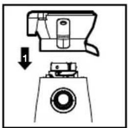Technical diagram showing a mechanical assembly with a downward arrow labeled '1' pointing to a component on a base.