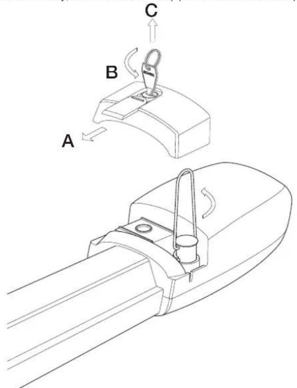 Technical diagram showing a mechanical component with labeled parts A, B, and C, including rotation arrows and a schematic view.
