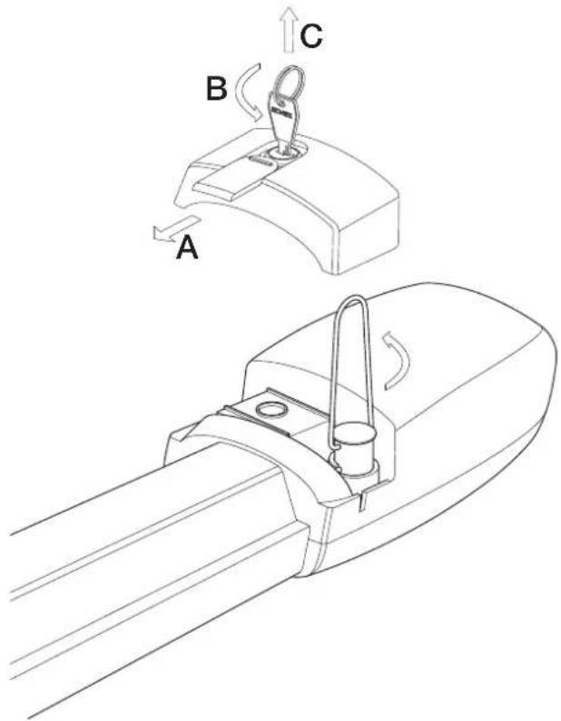 Technical diagram showing a mechanical component with labeled parts A, B, and C, including directional arrows indicating rotation or movement.