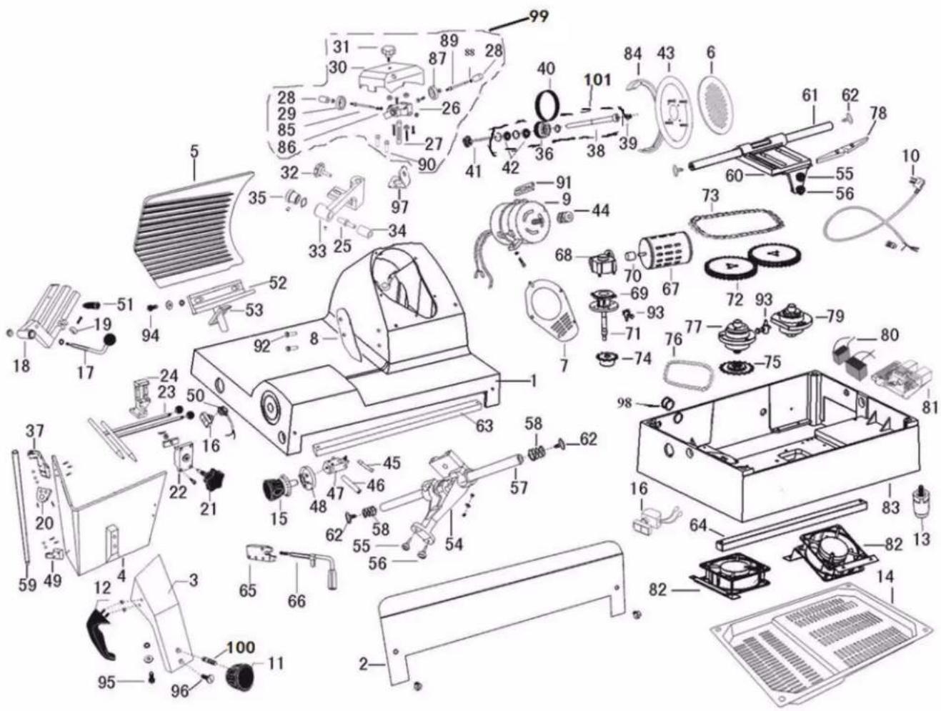 Exploded view diagram of a refrigerator with numbered parts for identification