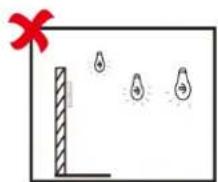 Diagram showing a red X with a vertical line and three lightbulb shapes, possibly indicating illumination or detection points.