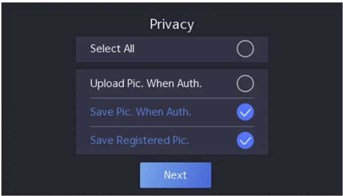 Privacy Select All Upload Pic. When Auth. Save Pic. When Auth. Save Registered Pic. Next