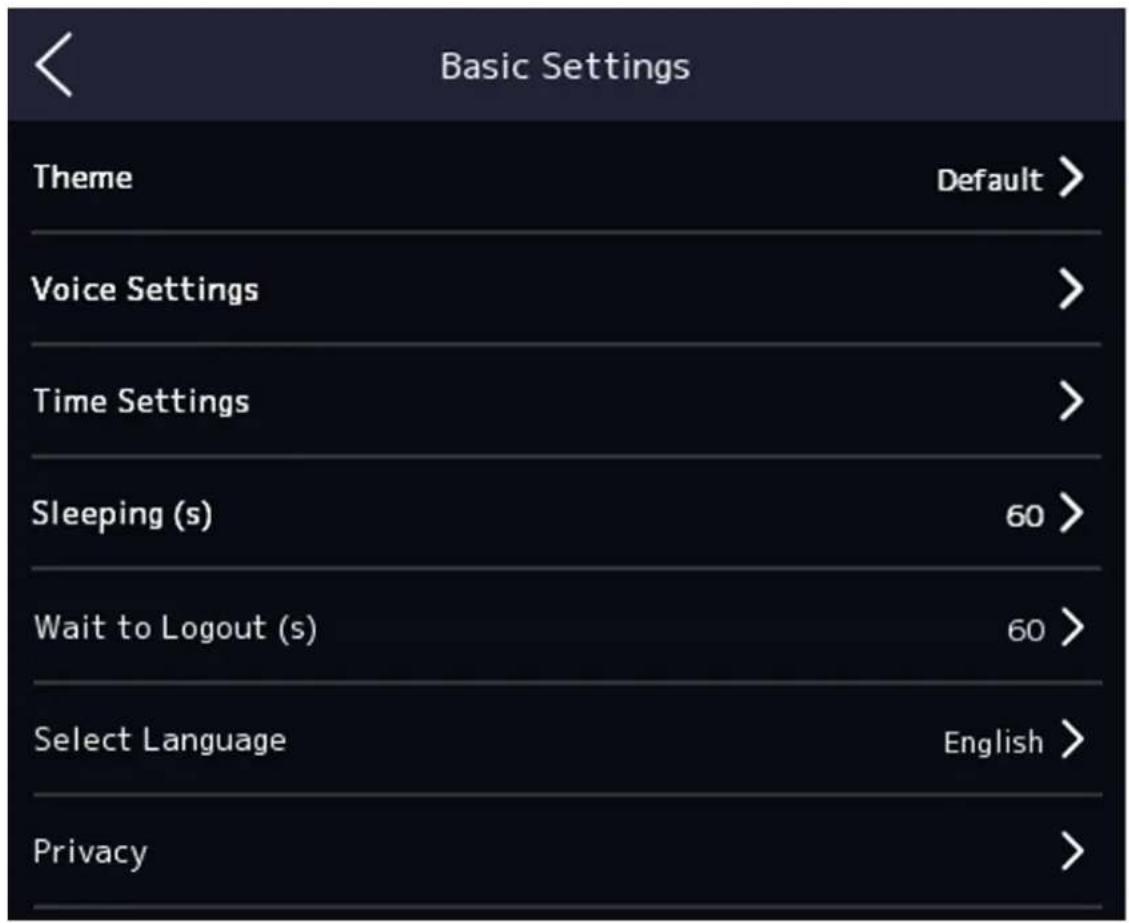 Basic Settings Theme Default > Voice Settings > Time Settings > Sleeping (s) 60 > Wait to Logout (s) 60 > Select Language English > Privacy >