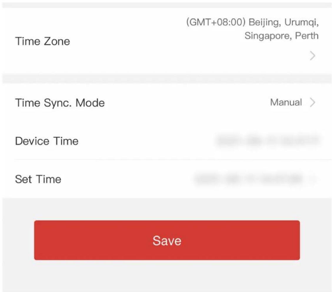 Time Zone (GMT+08:00) Beijing, Urumqi, Singapore, Perth > Time Sync. Mode Manual > Device Time Set Time Save