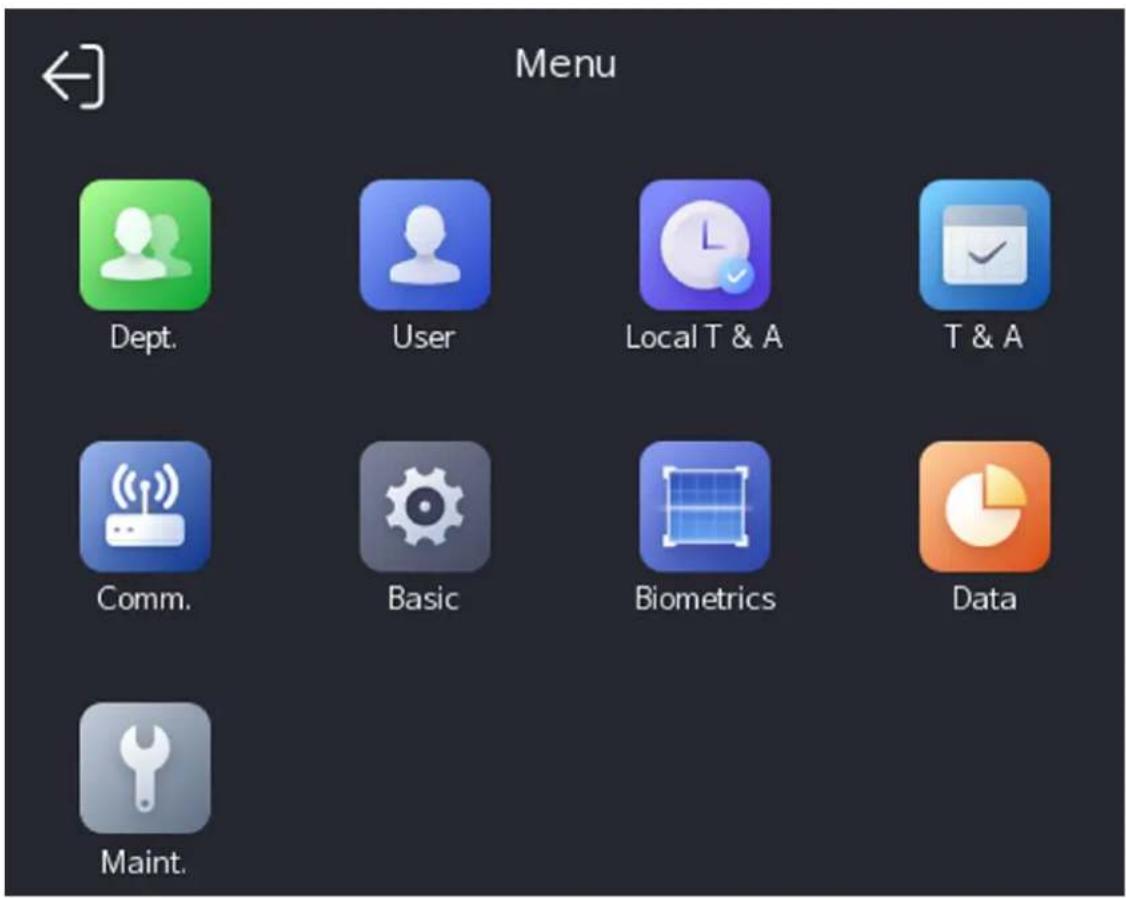 Menu Dept. User Local T & A T & A Comm. Basic Biometrics Data Maint.