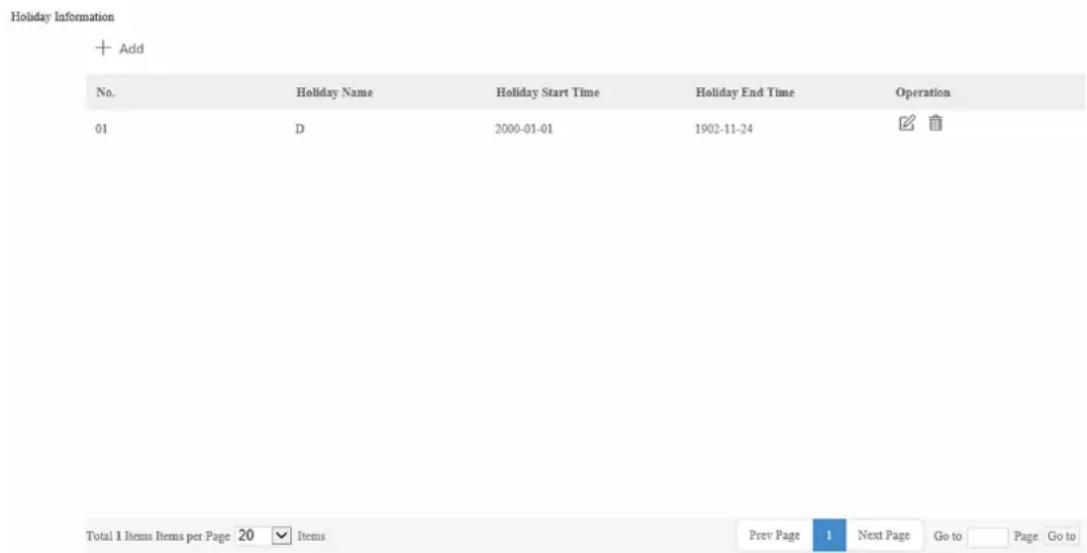 Holiday Information + Add No. Holiday Name Holiday Start Time Holiday End Time Operation 01 D 2000-01-01 1902-11-24 ☒ ☐ Total 1 Items Items per Page 20 ▼ Items Prev Page 1 Next Page Go to Page Go to