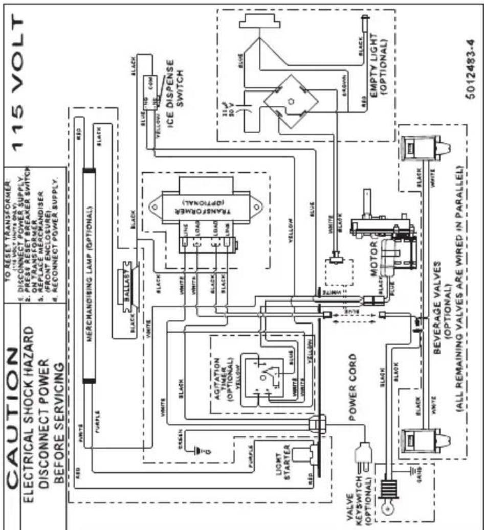 CAUTION ELECTRICAL SHOCK HAZARD DISCONNECT POWER BEFORE SERVICING TO RESET TRANSFORMER: (115 VOLT UNITS ONLY) 1. DISCONNECT POWER SUPPLY. 2. PRESS RESET BREAKER SWITCH ON TRANSFORMER 3. REPLACE MERCHANDISER (FRONT ENCLOSURE). 4. RECONNECT POWER SUPPLY. 115 VOLT RED ASD WHITE PURPLE MERCHANTISING LAMP (OPTIONAL) BLACK BRALLAST BLACK WHITE GREEN BLACK AGITATION TIMER (OPTIONAL) YELLOW WHITE BLUE WHITE YELLOW TRANSFORMER (OPTIONAL) BLUE NO COM YELLOW ICE DISPENSE SWITCH BLUE 11µF 50 V BLUE BROWN RED BLACK EMPTY LIGHT (OPTIONAL) POWER CORD VALVE KEYSWITCH (OPTIONAL) GAINB BLACK WHITE MOTOR BLUE WHITE BEVERAGE VALVES (OPTIONAL) (ALL REMAINING VALVES ARE WIRED IN PARALLEL) 5012483-4