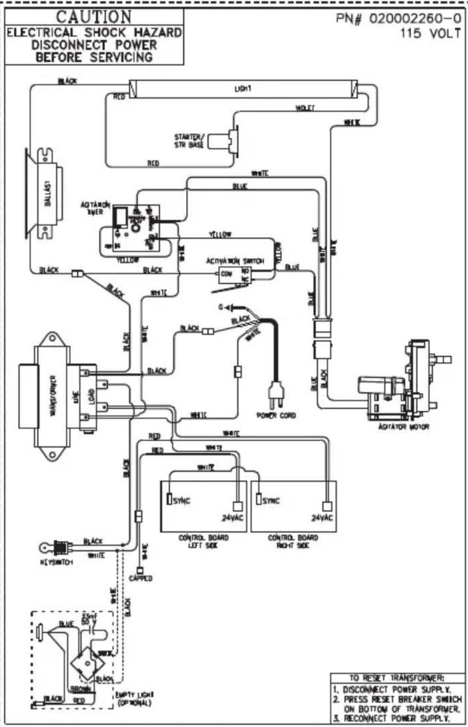 CAUTION ELECTRICAL SHOCK HAZARD DISCONNECT POWER BEFORE SERVICING PN# 020002260-0 115 VOLT BLACK LIGHT RCD WOLET STARTER/ STR BASE RED WHITE BALLAST AQTARON THER YELLOW WHITE YELLOW ACRYATOR SWITCH CON NO NO BLUE WHITE BLACK POWER CORD AGRIATOR MOTOR WHIPLOWER LINE LOAD BLACK WHITE WHITE SYNC 24VAC CONTROL BOARD LEFT SIDE CONTROL BOARD RIGHT SIDE K[YSIMTO-1] BLACK WHITE CAPPED BLACK Blue 15mF 50 V BLACK GREEN EMPTY LIGHT (OPIONAL) TO RESET TRANSFORMER: 1. DISCONNECT POWER SUPPLY. 2. PRESS RESET BREAKER SWITCH ON BOTTOM OF TRANSFORMER. 3. RECONNECT POWER SUPPLY.