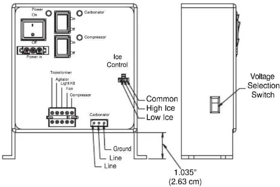 Power On Carbonator Off Off Compressor Off Power in Transformer Agilator Light Kit Fan Compressor Ice Control Common High Ice Low Ice Carbonator Ground Line Line 1.035" (2.63 cm) Voltage Selection Switch