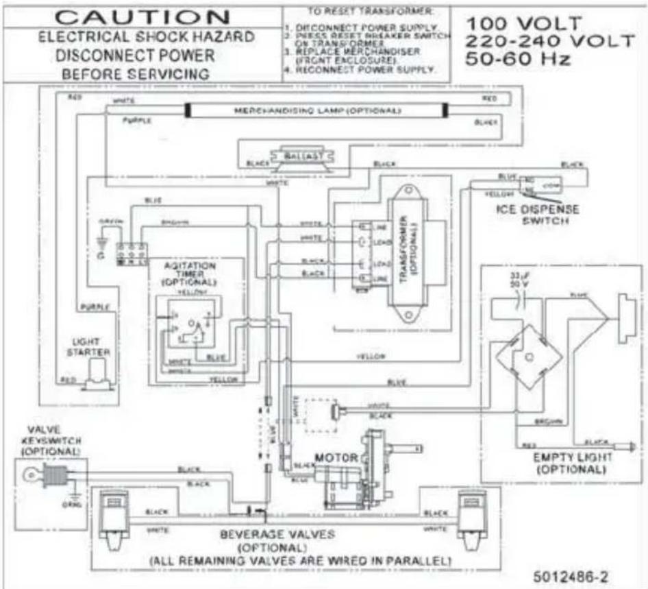 CAUTION ELECTRICAL SHOCK HAZARD DISCONNECT POWER BEFORE SERVICING TO RESET TRANSFORMER: 1. DISCONNECT POWER SUPPLY 2. PRESS RESET BREAKER SWITCH ON TRANSFORMER 3. REPLACE MERCHANDISER (FRONT ENCLOSURE) 4. RECONNECT POWER SUPPLY. 100 VOLT 220-240 VOLT 50-60 Hz RED WHITE PURPLE AMOUNTING BLUE GREEN AGITATION TIMER (OPTIONAL) YELLOW WHITE BLUE YELLOW MOTOR BEVERAGE VALVES (OPTIONAL) (ALL REMAINING VALVES ARE WIREO IN PARALLEL) BLUE WHITE AMOUNTING BURGER YELLOW AMOUNTING AMOUNTING AMOUNTING AMOUNTING AMOUNTING AMOUNTING AMOUNTING AMOUNTING AMOUNTING AMOUNTING AMOUNTING AMOUNTING AMOUNTING AMOUNTING AMOUNTING AMOUNTING AMOUNTING AMOUNTING AMOUNTING AMOUNTING AMOUNTING AMOUNTING AMOUNTING AMOUNTING AMOUNTING AMOUNTIN AMOUNTIN AMOUNTIN AMOUNTIN AMOUNTIN AMOUNTIN AMOUNTIN AMOUNTIN AMOUNTIN AMOUNTIN AMOUNTIN AMOUNTIN AMOUNTIN AMOUNTIN AMOUNTIN AMOUNTIN AMOUNTIN AMOUNTIN AMOUNTIN AMOUNTIN AMOUNTIN AMOUNTIN AMOUNTIN AMOUNTIN AMOUNTIN AMOUNTINA AMOUNTINA AMOUNTINA AMOUNTINA AMOUNTINA AMOUNTINA AMOUNTINA AMOUNTINA AMOUNTINA AMOUNTINA AMOUNTINA AMOUNTINA AMOUNTINA AMOUNTINA AMOUNTINA AMOUNTINA AMOUNTINA AMOUNTINA AMOUNTINA AMOUNTINA AMOUNTINA AMOUNTINA AMOUNTINA AMOUNTINA AMOUNTINA AMOUNTIN AMOUNTIN AMOUNTIN AMOUNTIN AMOUNTIN AMOUNTIN AMOUNTIN AMOUNTIN AMOUNTIN AMOUNTIN AMOUNTIN AMOUNTIN AMOUNTIN AMOUNTIN AMOUNTIN AMOUNTIN AMOUNTIN AMOUNTIN AMOUNTIN AMOUNTIN