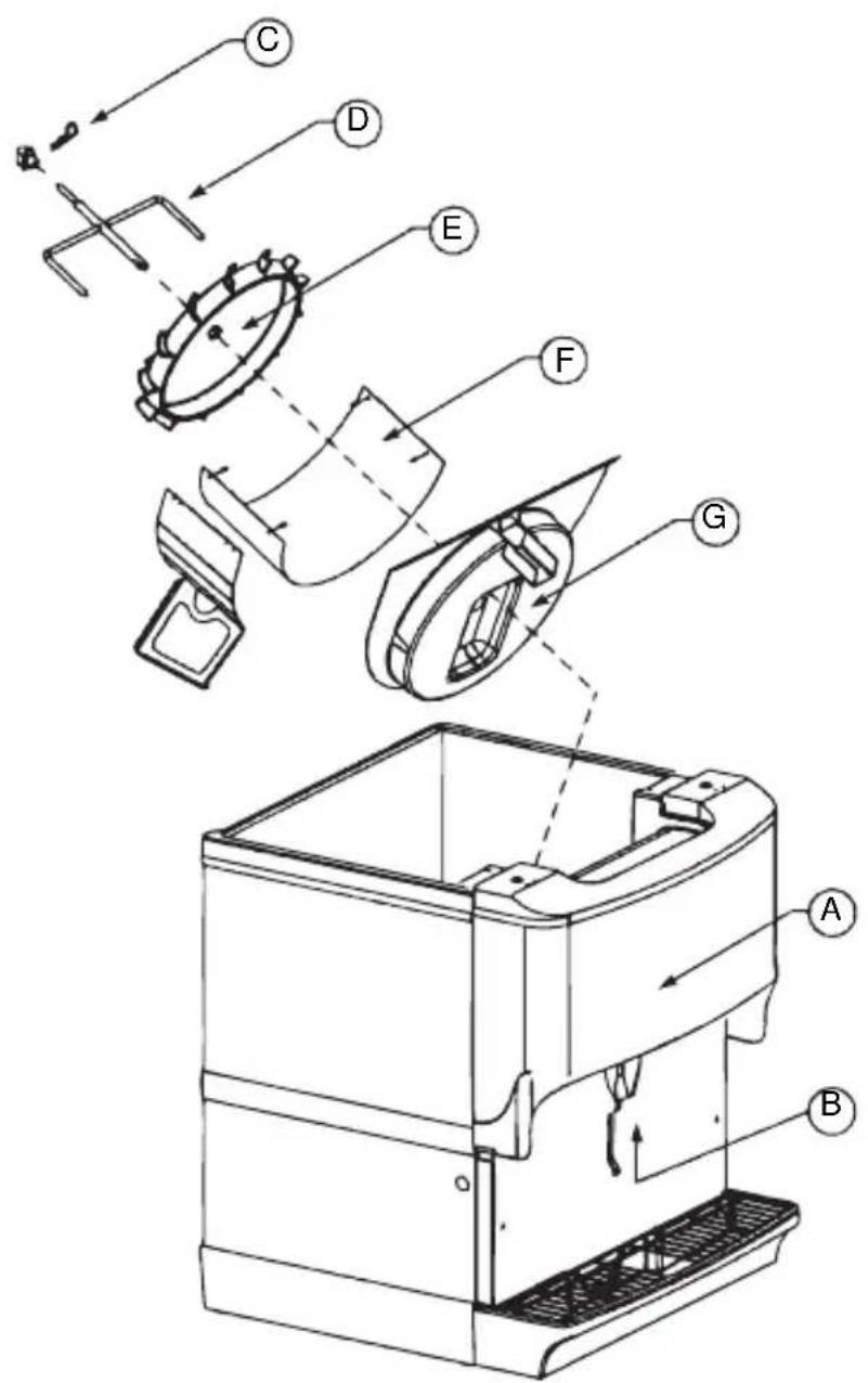 Technical diagram of a refrigerator internal components with labeled parts A through G