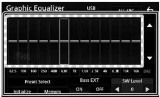 Graphic Equalizer USB ALL SRC 62.5 100 160 250 400 630 1k 1.6k 2.5k 4k 6.3k 10k 16k Preset Select Bass EXT SW Level Initialize Memory ON OFF 0