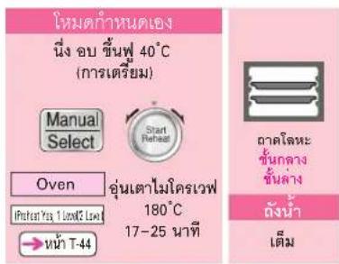 โหมดกําหนดเอง นิ่ง อบ ชื่นฟ 40℃ (การเตรียม) Manual Select Start Reheat Oven อุ่นเตาไมโครเวฟ 180℃ 17-25 นาที PCATโลหะ ชั้นกลาง ชั้นกลาง ลังน้ํา เด็ม PTAET T-44