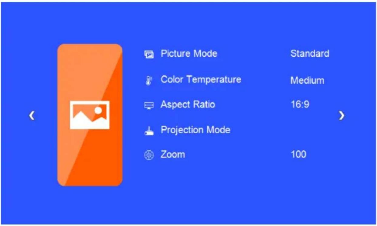 Picture Mode Color Temperature Aspect Ratio Projection Mode Zoom Standard Medium 16:9 100