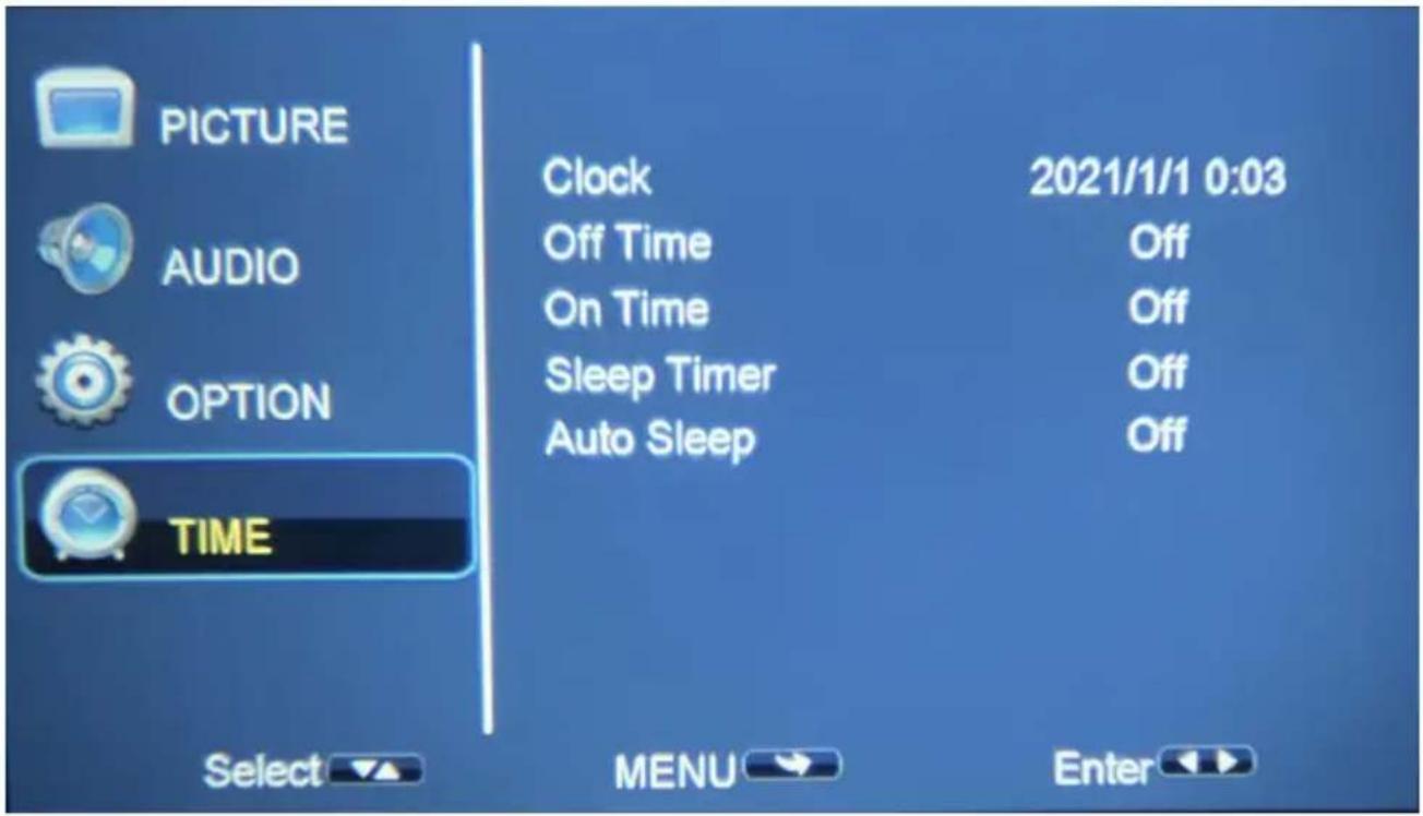 PICTURE AUDIO OPTION TIME Clock 2021/1/1 0:03 Off Time Off On Time Off Sleep Timer Off Auto Sleep Off Select MENU Enter