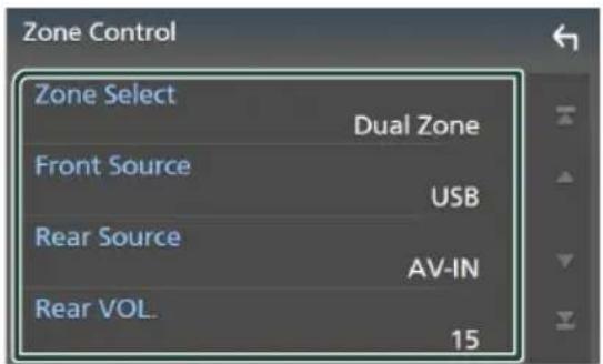 Zone Control Zone Select Dual Zone Front Source USB Rear Source AV-IN Rear VOL. 15