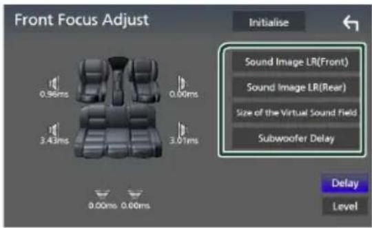 Front Focus Adjust 0.96ms 3.43ms 0.00ms 0.00ms 0.00ms 0.00ms 0.00ms 0.00ms 0.00ms 0.00ms 0.00ms 0.00ms 0.00ms 0.00ms 0.00ms 0.00ms 0.00ms 0.00ms 0.00ms 0 Initialise Sound Image LR(Front) Sound Image LR(Rear) Size of the Virtual Sound Field Subwoofer Delay Delay Level
