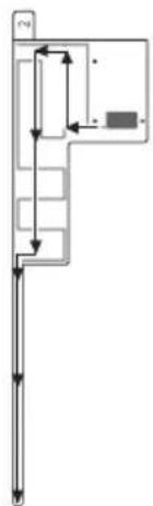 Technical diagram showing a vertical pipe with directional arrows and labeled components, likely representing a mechanical or fluid system.